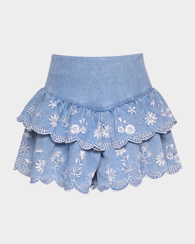 Girl's Embroidered Tiered Chambray Skirt, Size 4-14